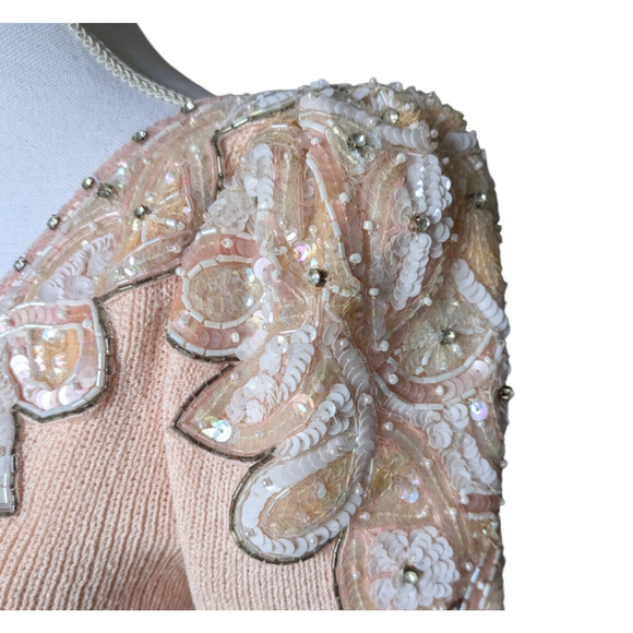 Vintage Don Sayres for Wellmore Pink Beaded Shoulder V Neck Knit Dress 80s - Picture 5 of 9